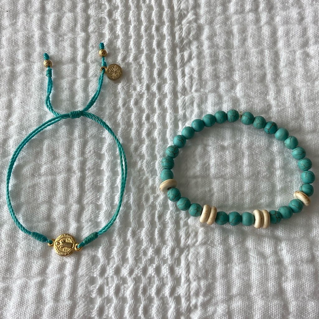 Turquoise Rope Bracelet W/ St Christopher Metal Detail, & Elastic Bracelet